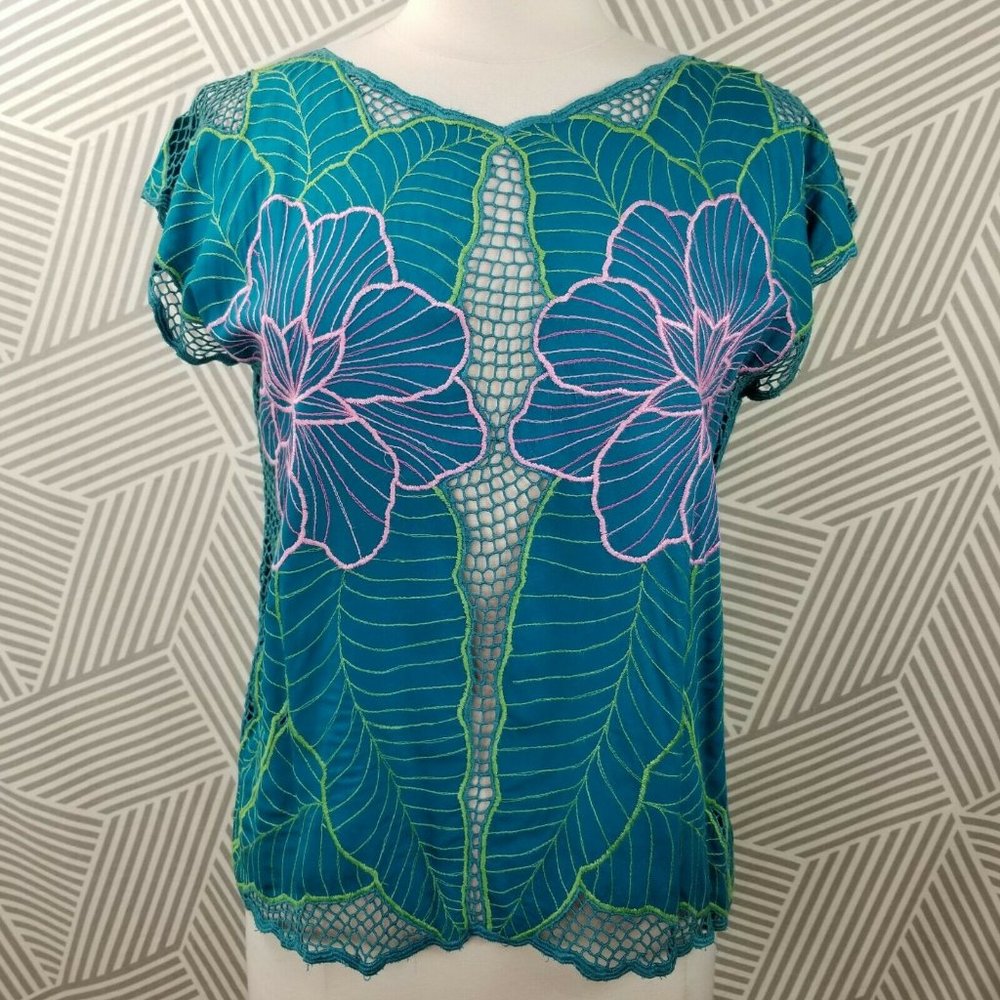 Vintage Size Small Crochet Lace Top Boho teal pink